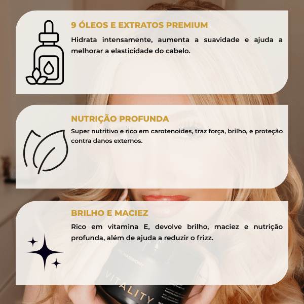 Máscara Hidratante Vitality 250g - Hidratação Profunda com 9 Óleos Premium - Pro Hairmony